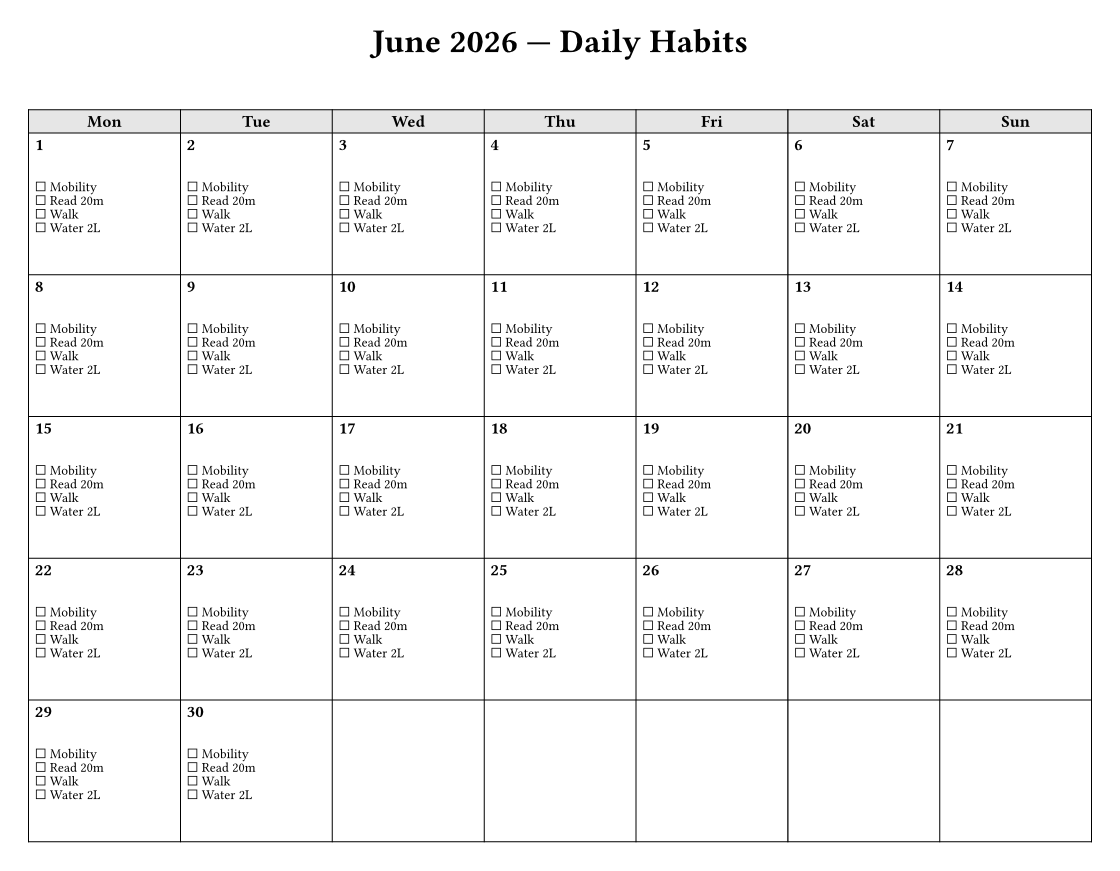 A June calendar with a column of habit checkboxes in every day cell