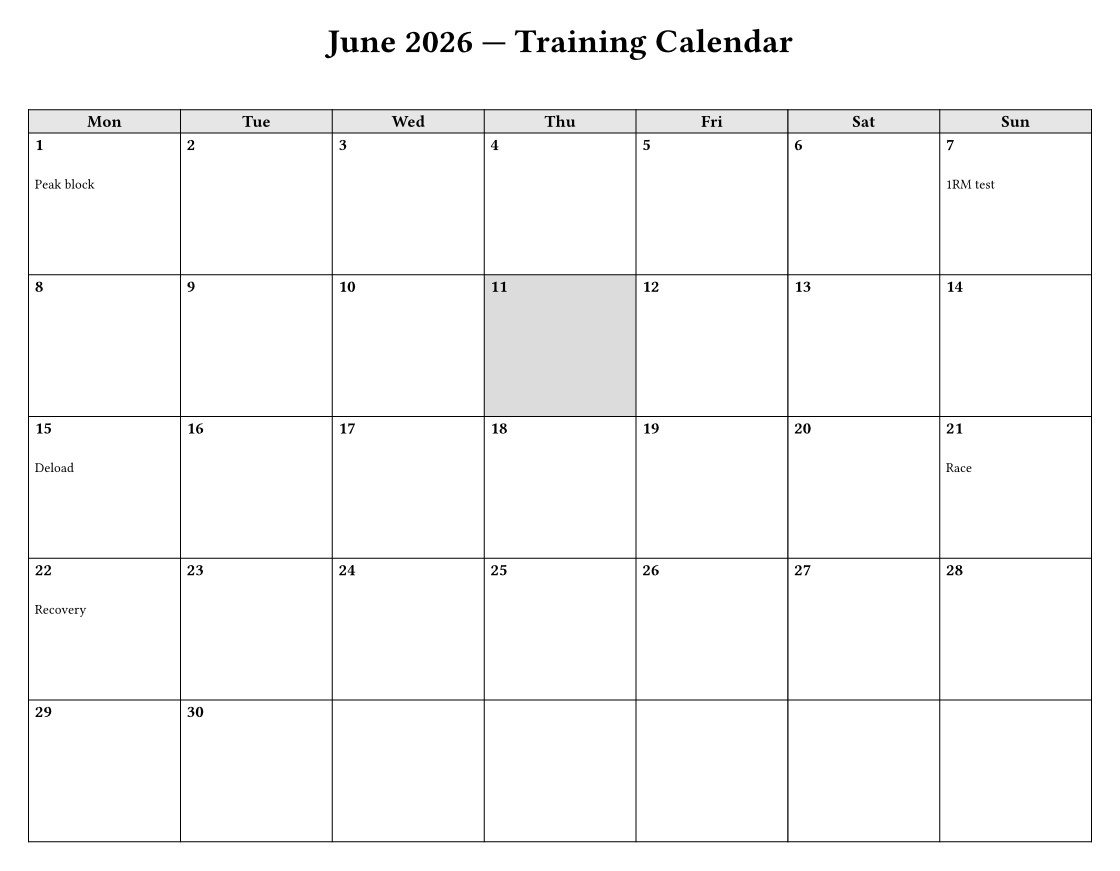 A June calendar with peak, deload and race events printed under the day numbers and one day highlighted