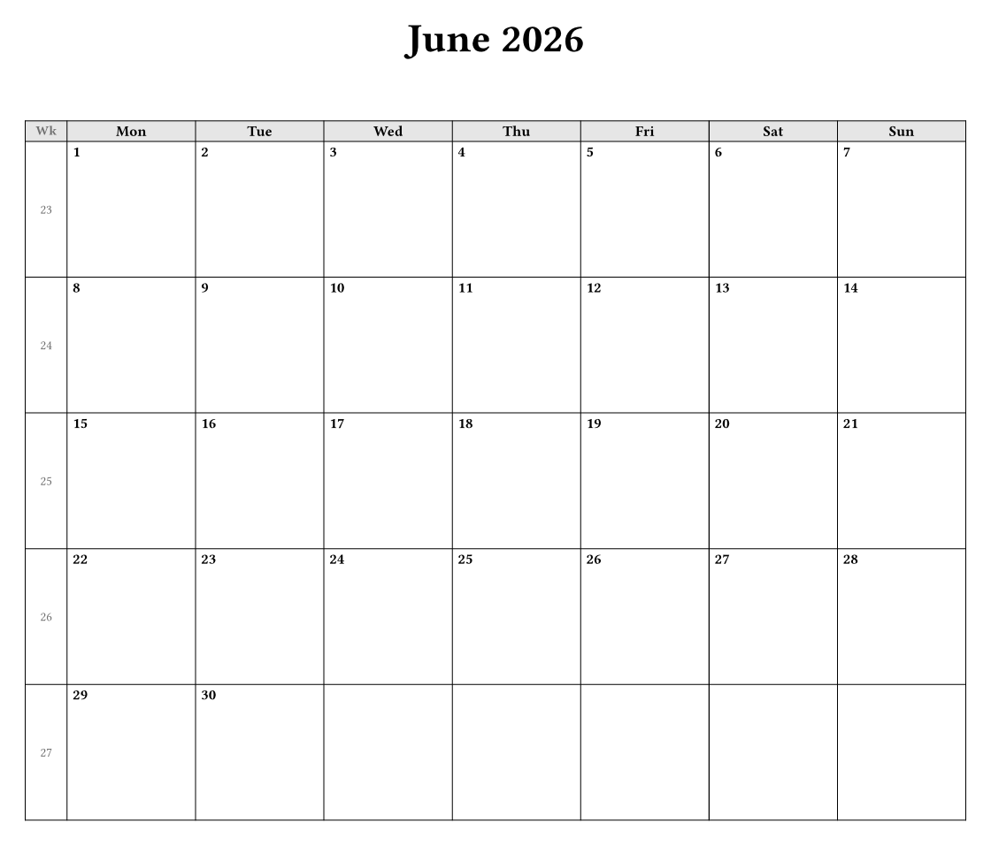 A June wall calendar with an ISO 8601 week-number column down the left