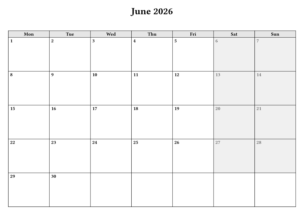 A June calendar with Saturday and Sunday cells shaded grey