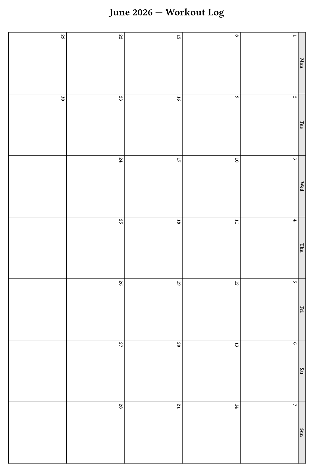A rotated A4 monthly grid with large empty cells for handwritten workout logs