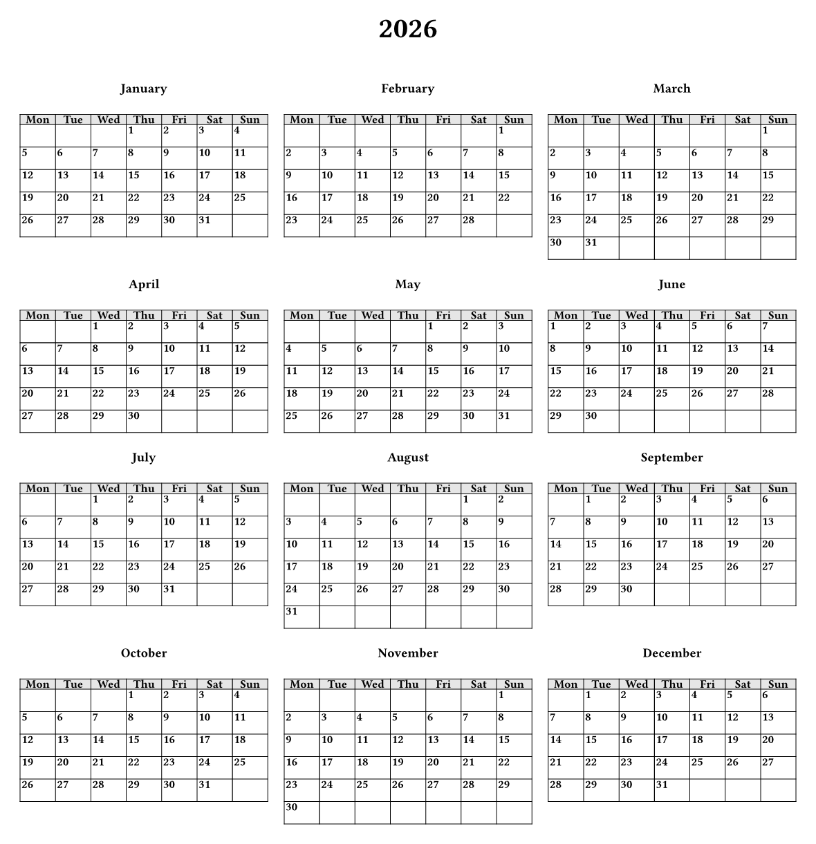 All twelve months of 2026 laid out as small grids on one page